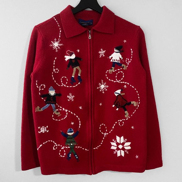 Charter Club Sweaters - Vintage Charter Club 100% Lambswool Red Winter Embroidery Zip Up Sweater